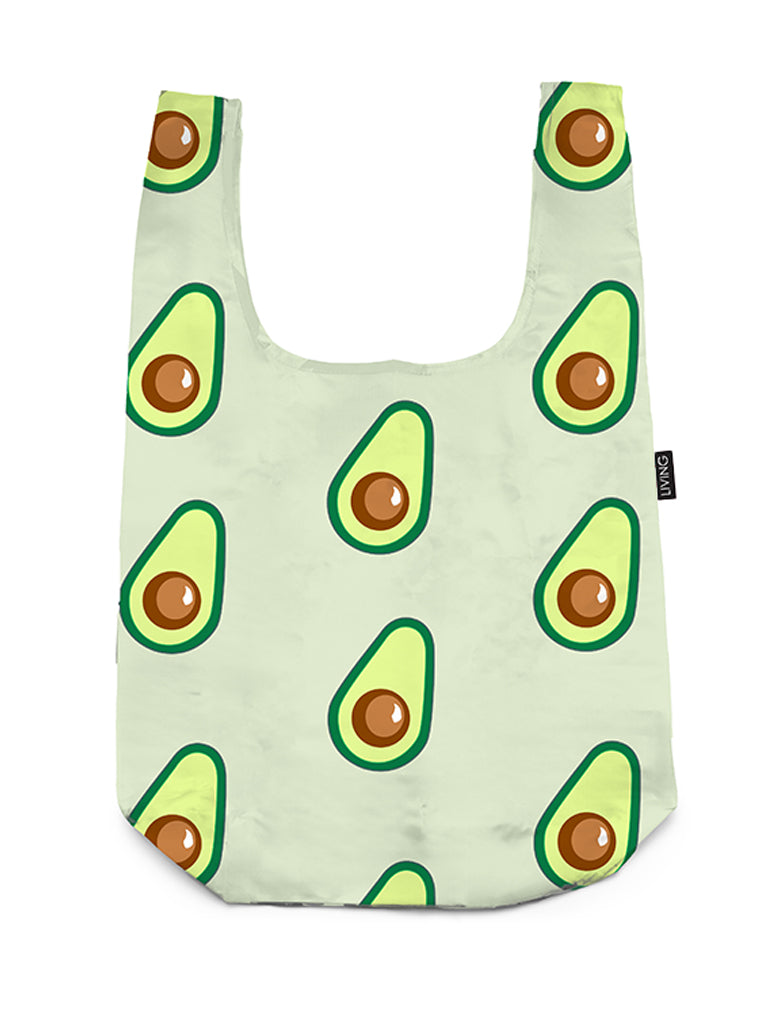 A shopper bag featuring an avocado-themed print, displayed on a white background.