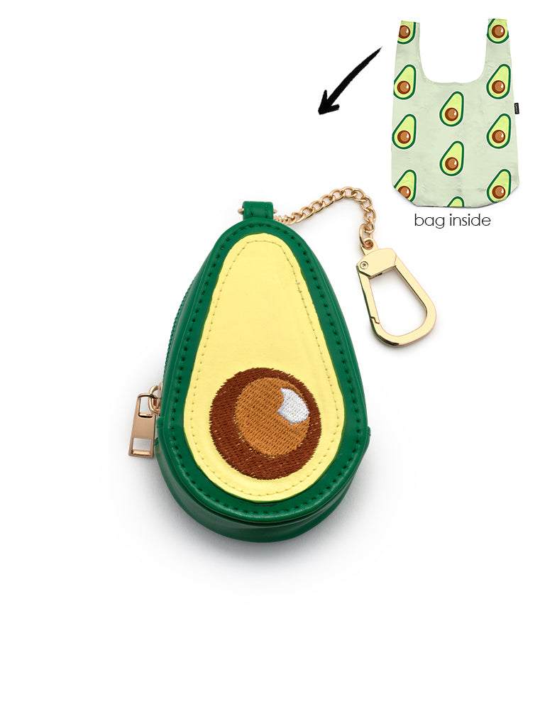 2-in-1 bag charm featuring an avocado-shaped design and a shopper bag in an avocado print, displayed on a white background.