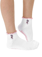 White socks with pink lining, equipped with stay-put grips to prevent slipping, featuring a small ballet-themed print, shown worn on a white background.