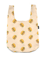 A shopper bag featuring a burger-themed print, displayed on a white background.
