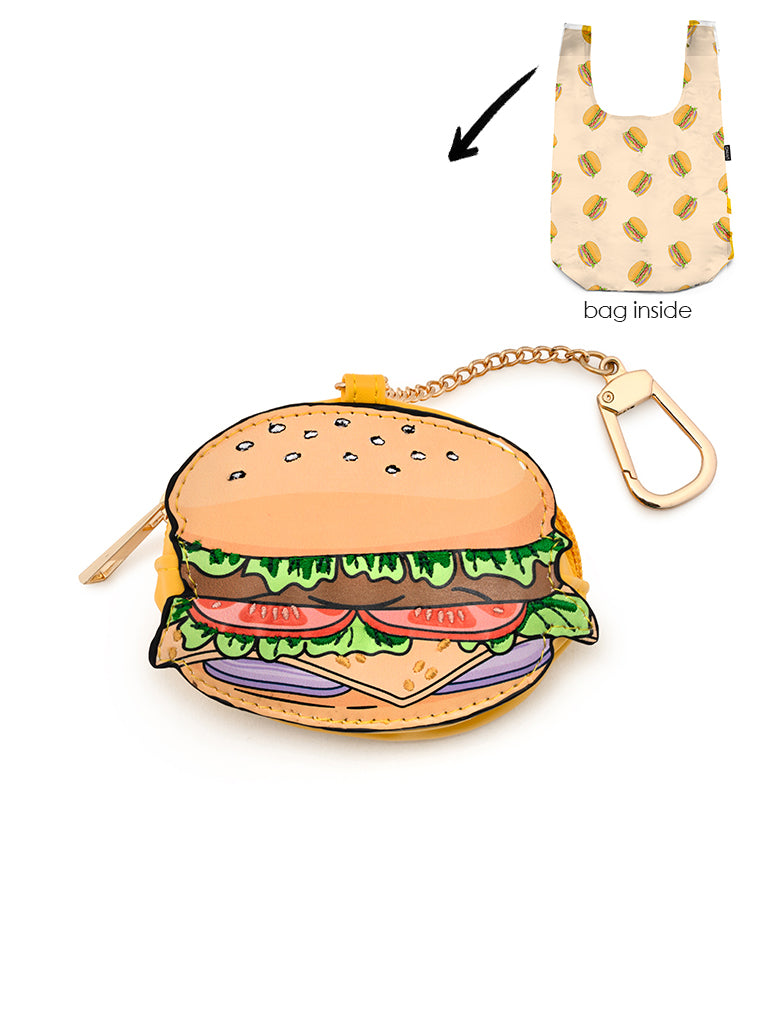 2-in-1 bag charm featuring a burger shape and a shopper bag in a burger print, displayed on a white background.