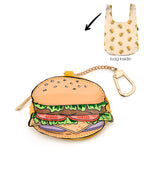 2-in-1 bag charm featuring a burger shape and a shopper bag in a burger print, displayed on a white background.