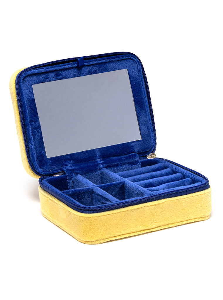 Yellow jewelry zip case with compartments for organizing jewelry, displayed on a white background.