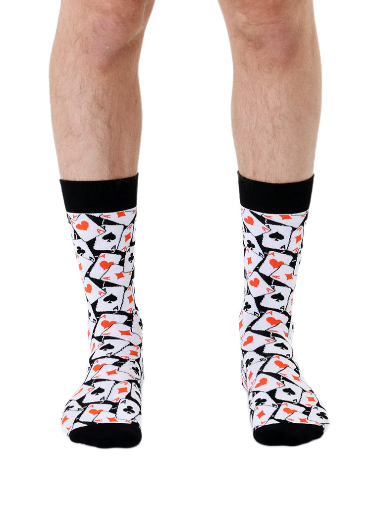 Men’s bamboo crew socks with a playing cards pattern, shown worn on a white background.