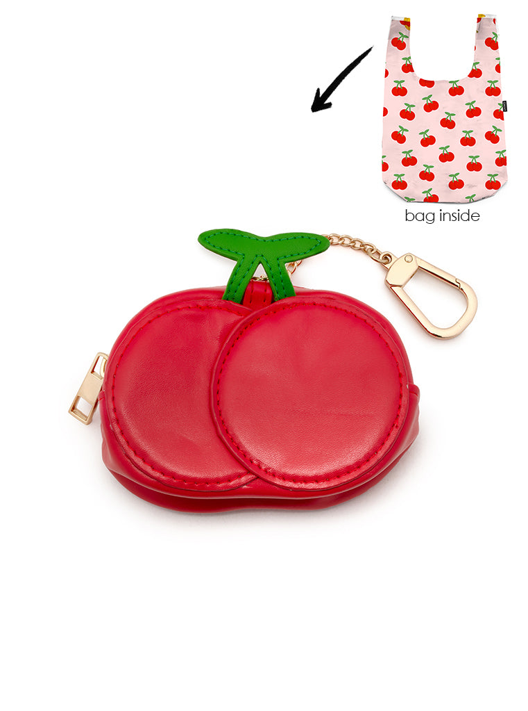 2-in-1 bag charm featuring cherry shape and a shopper bag in a cherry print, displayed on a white background.
