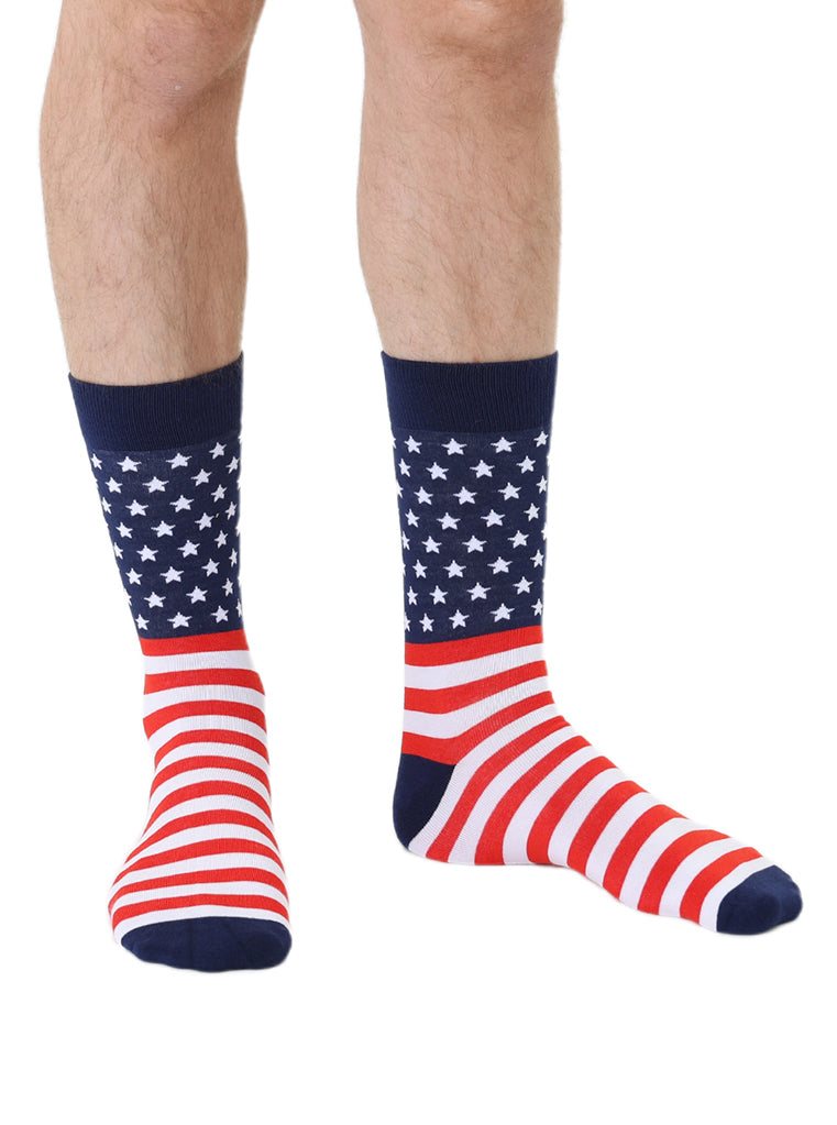 Men’s bamboo crew socks featuring an American flag print, shown worn on a white background.