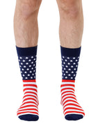 Men’s bamboo crew socks featuring an American flag print, shown worn on a white background.