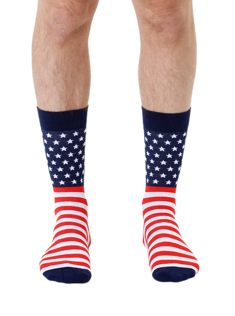Men’s bamboo crew socks featuring an American flag print, shown worn on a white background.