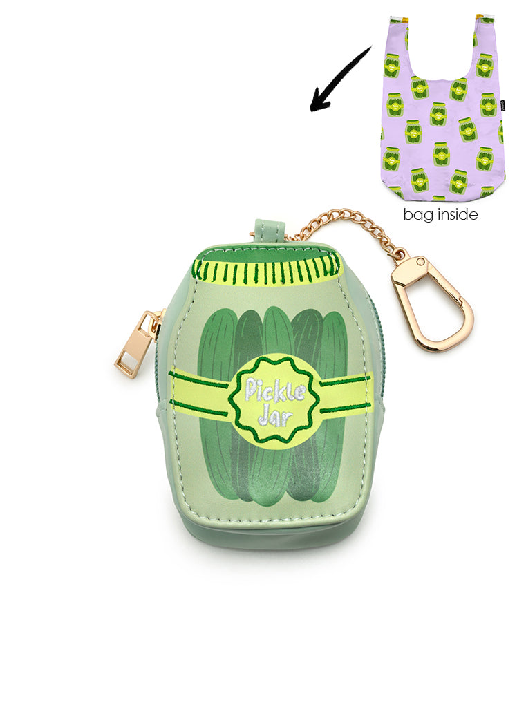 2-in-1 bag charm featuring PickleJar text embroidery and a shopper bag in a pickleJar print, displayed on a white background.