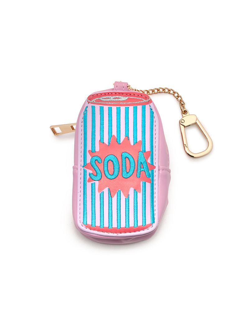 2-in-1 bag charm featuring SODA text embroidery displayed on a white background.