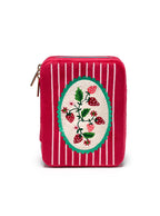 Red jewelry zip case featuring a strawberry print, displayed on a white background.
