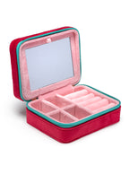 Red jewelry zip case with compartments for organizing jewelry, displayed on a white background.
