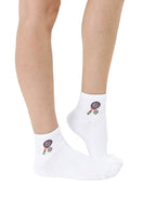 White ankle socks featuring a tennis-themed print, shown worn on a white background.
