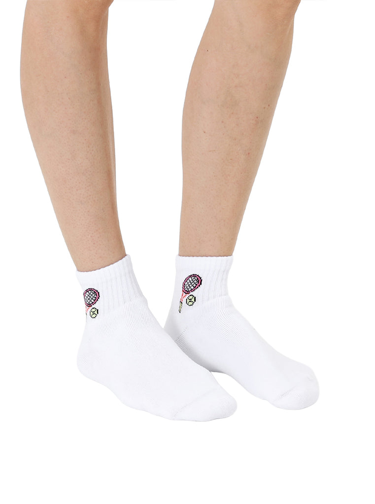 White ankle socks featuring a tennis-themed print, shown worn on a white background.