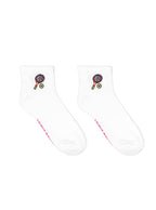 White ankle socks featuring a tennis-themed print, displayed on a white background.