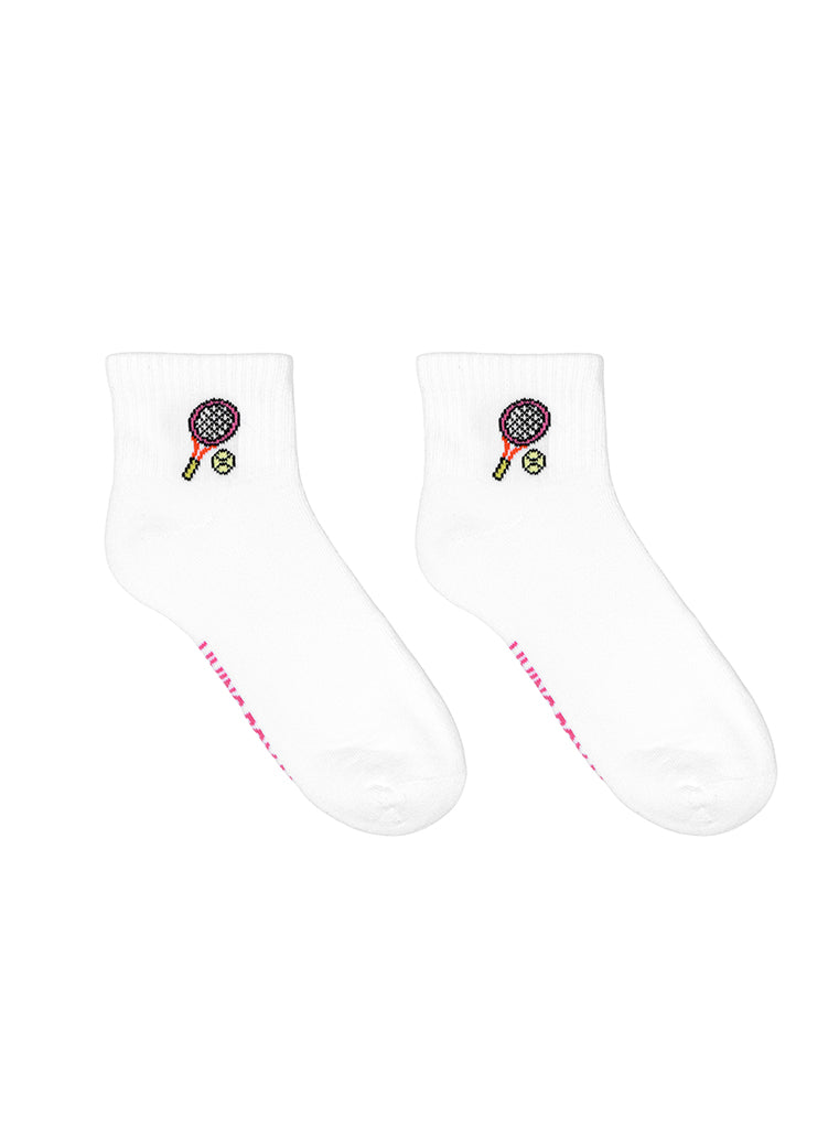 White ankle socks featuring a tennis-themed print, displayed on a white background.