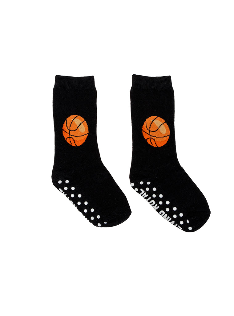 Black socks with 'Basketball' graphic on a white background