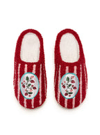 Pair of red slippers with white stripes and strawberry design on a white background
