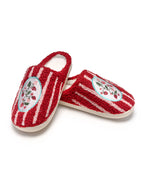 Pair of red slippers with white stripes and strawberry design on a white background