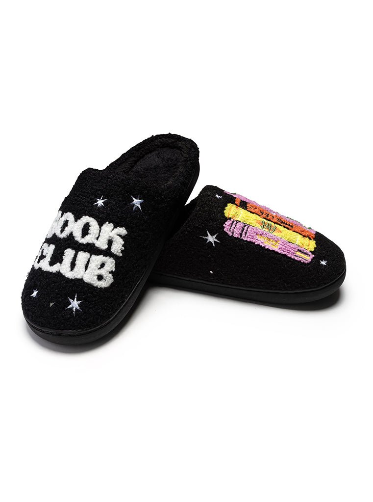 Black slipper with 'Book Club' text and book illustrations on a white background