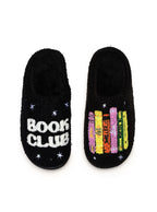 Black slipper with 'Book Club' text and book illustrations on a white background