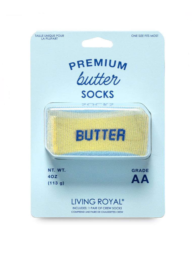 Packaging of Premium Butter Socks with yellow and blue design on a light blue background