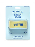 Packaging of Premium Butter Socks with yellow and blue design on a light blue background