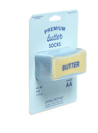 Socks packaged in butter shape on a white background