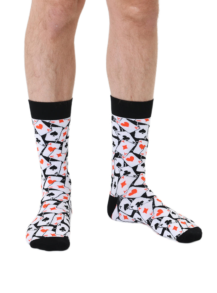 Men’s bamboo crew socks with a playing cards pattern, shown worn on a white background.
