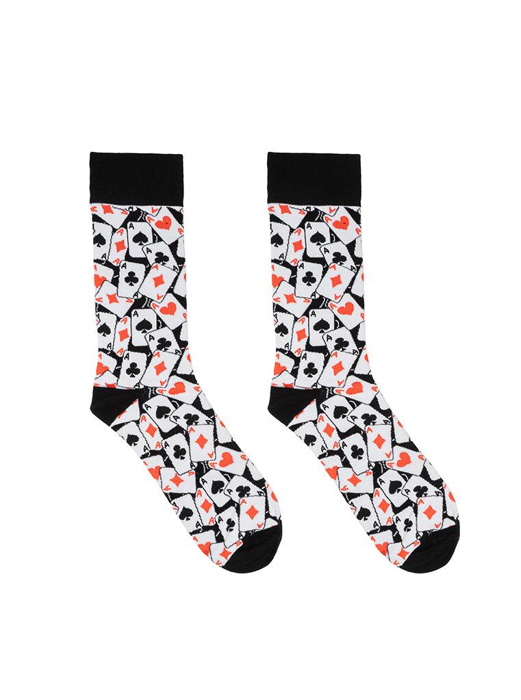 Men’s bamboo crew socks with a playing cards pattern, shown on a white background.