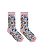 Women’s bamboo crew socks featuring a variety of cat face–themed patterns, shown on a white background.