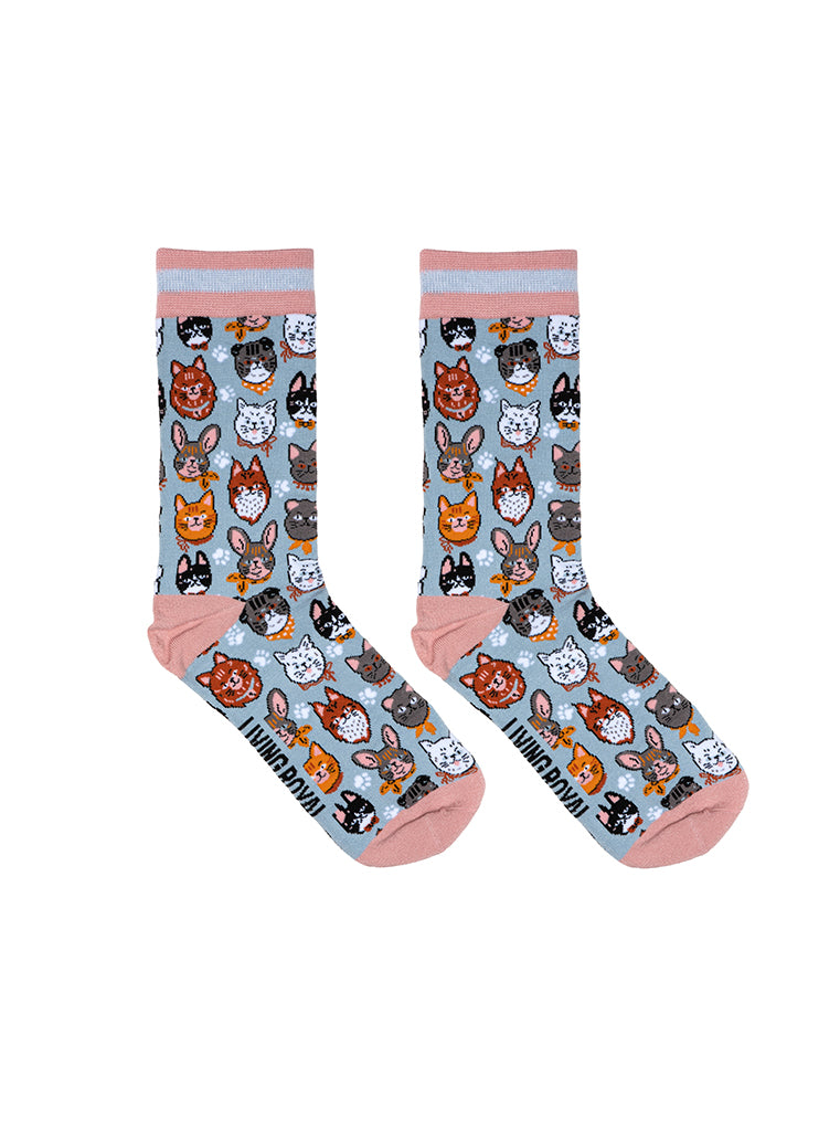 Women’s bamboo crew socks featuring a variety of cat face–themed patterns, shown on a white background.