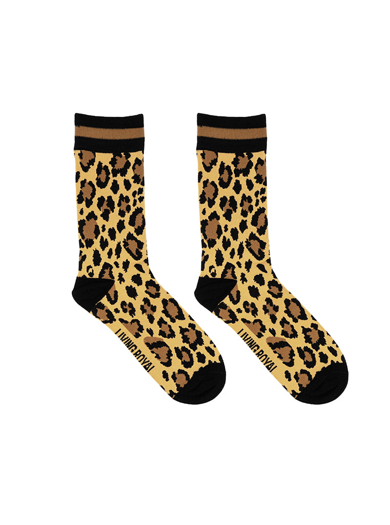 Women’s bamboo crew socks with a cheetah print pattern, shown on a white background.