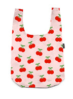 A shopper bag featuring a cherry-themed print, displayed on a white background.