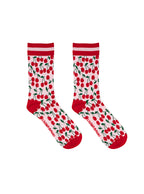 Red and light pink women’s bamboo crew socks featuring a cherry-themed pattern, shown on a white background.