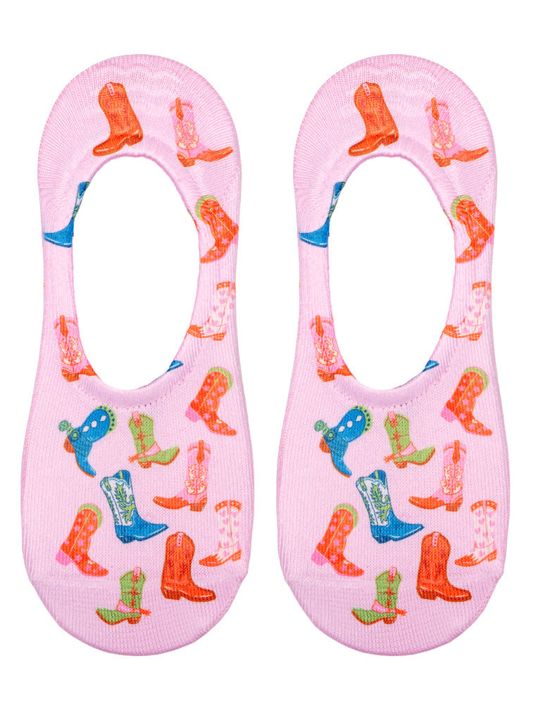 Pink socks with cowboy boots print design on a white background