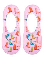 Pink socks with cowboy boots print design on a white background