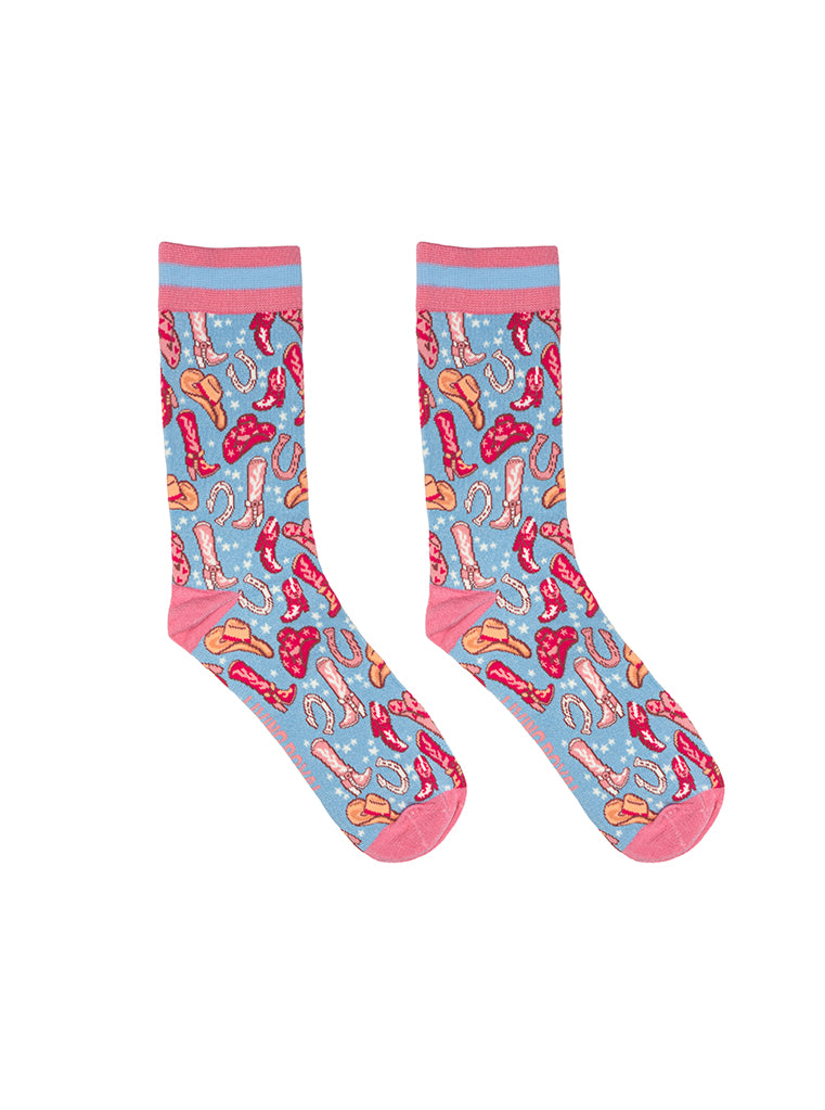Pink and light blue women’s bamboo crew socks featuring a playful cowboy-themed pattern, shown on a white background.