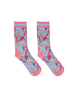 Pink and light blue women’s bamboo crew socks featuring a playful cowboy-themed pattern, shown on a white background.