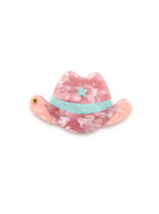 Pink compact mirror with a cowgirl hat design, a perfect pocket-sized accessory, displayed on a white background.