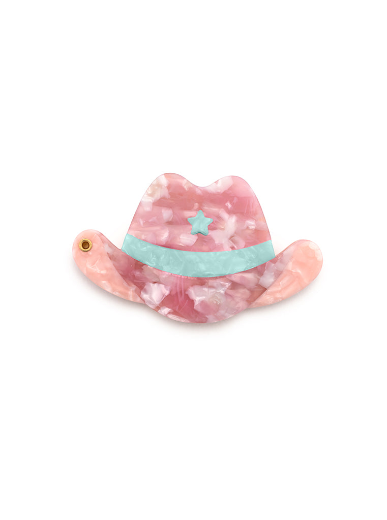 Pink compact mirror with a cowgirl hat design, a perfect pocket-sized accessory, displayed on a white background.