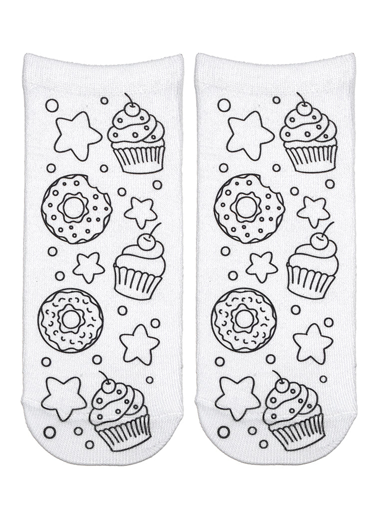 A pair of cupcake-themed coloring socks shown on a white background.