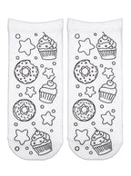 A pair of cupcake-themed coloring socks shown on a white background.