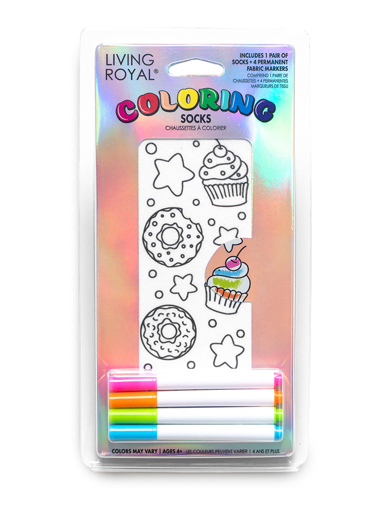 A pair of cupcake-themed coloring socks with four different markers included, shown on a white background.