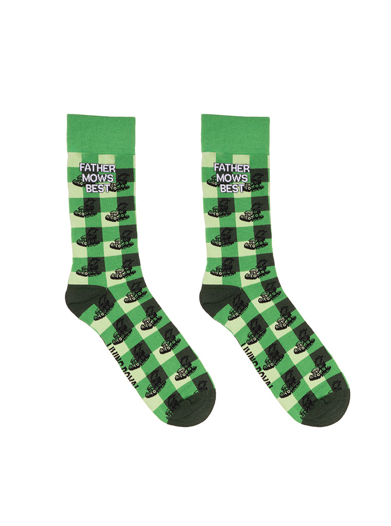 Men’s bamboo crew socks in black and green, featuring a “Father Mows Best” pattern, displayed on a white background.