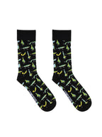 Black Men’s Bamboo Crew Socks with a fun fishing lure pattern on a white background.