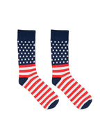 Men’s bamboo crew socks featuring an American flag print on a white background.