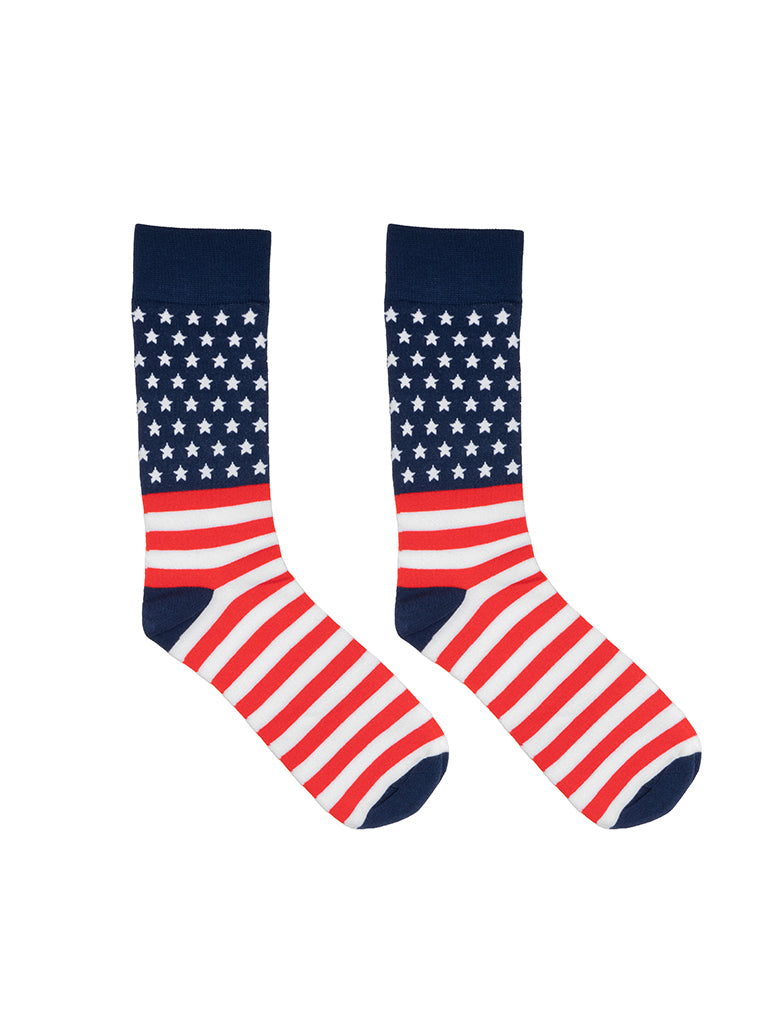 Men’s bamboo crew socks featuring an American flag print on a white background.