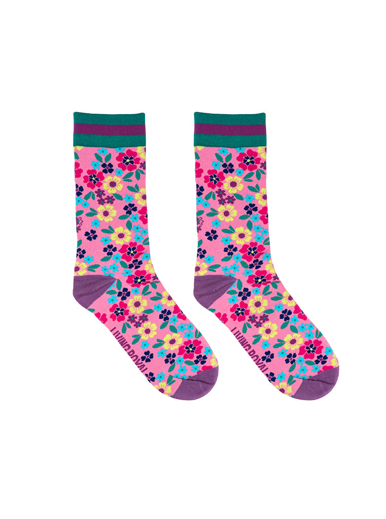 Light purple women’s bamboo crew socks with a vibrant floral pattern, shown on a white background.
