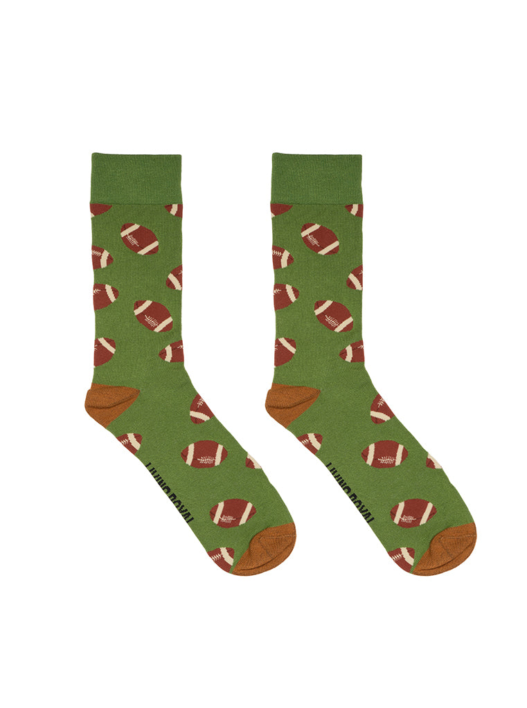 Green men’s bamboo crew socks featuring a football print, displayed against a white background.